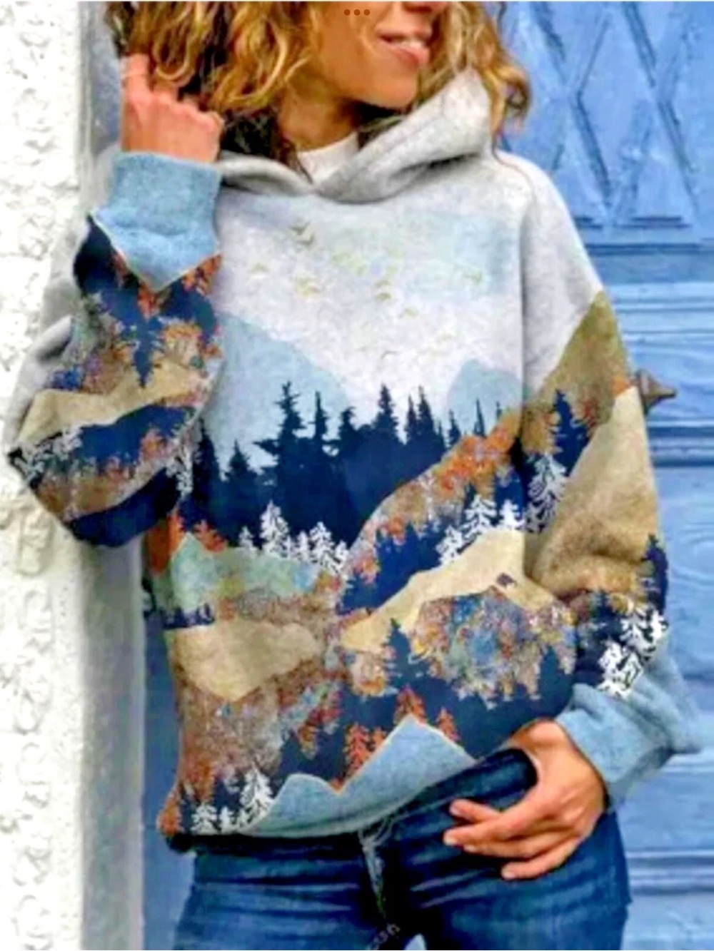 Misslook Hoodie Sweater Woodland Mountains Scene Knit Fleece Blue Gray SZ XXL